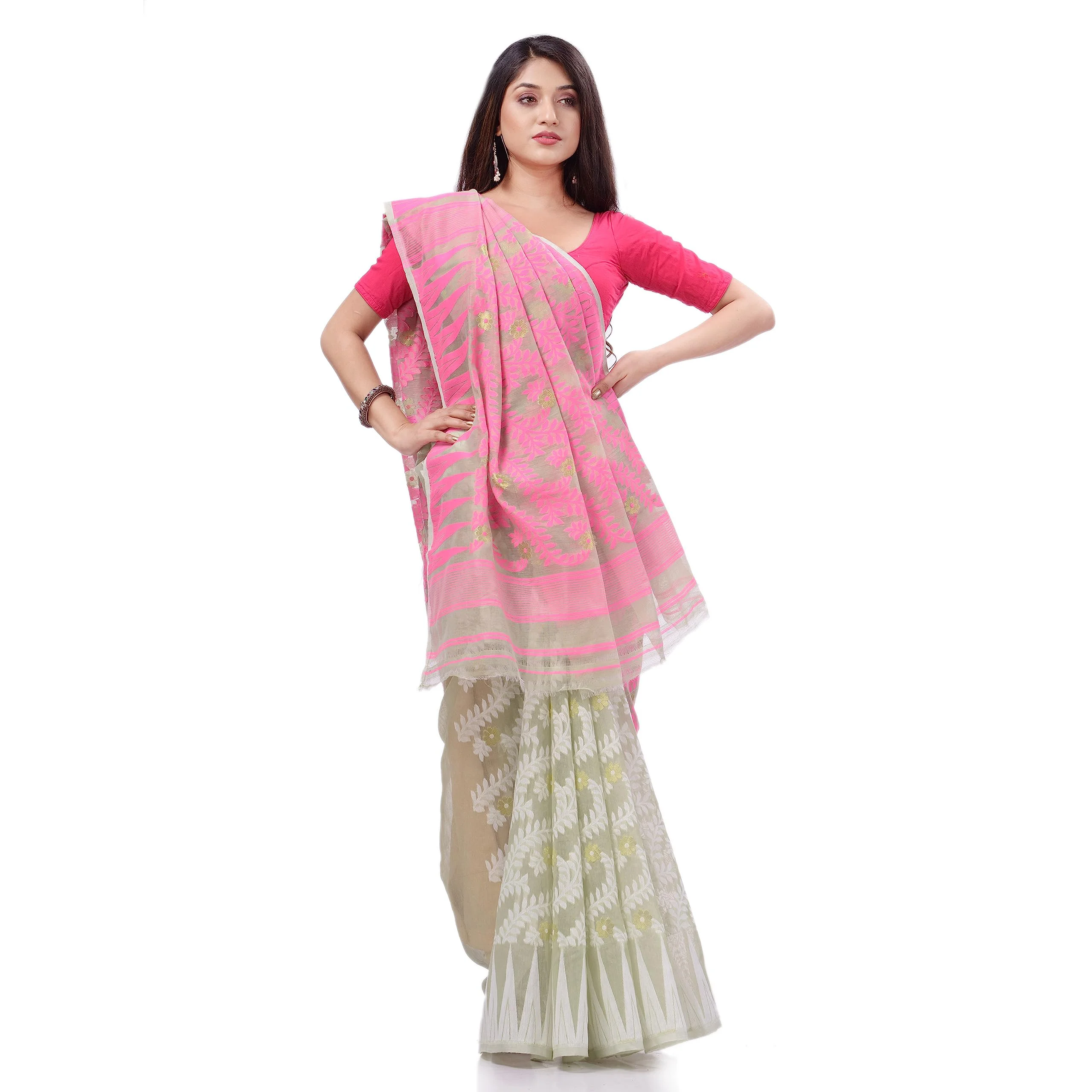 dB DESH BIDESH Women`s Tamarind Leaf Resham Dhakai Jamdani Pure Cotton Handloom Saree Whole Body Design without Blouse Piece (Pink Off White) - image 1