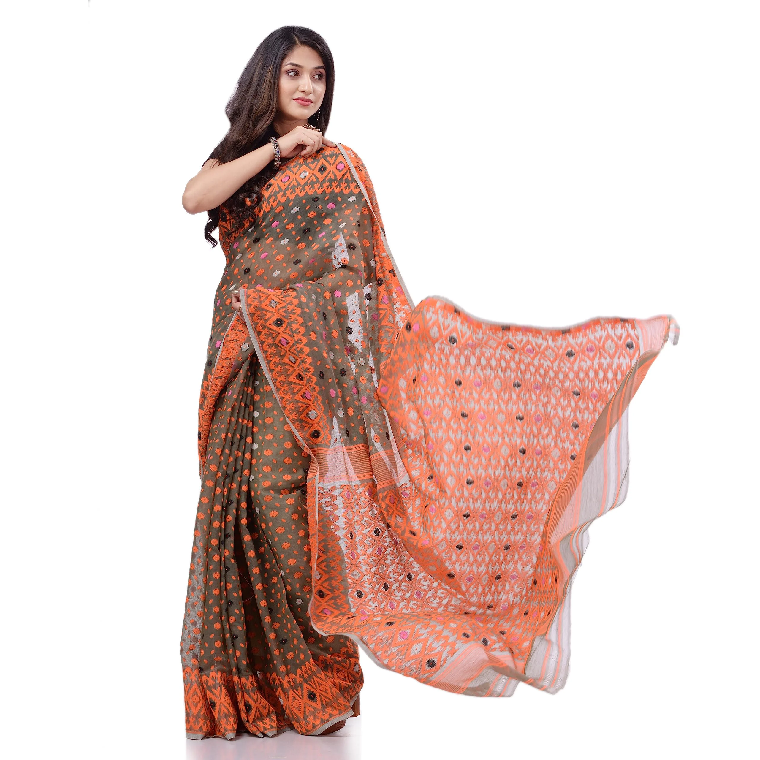 dB DESH BIDESH Women`s Jamdani Sarees For Women Cotton Silk saree Hirokduti Design Cotton Sarees Dhakai Jamdani Sarees For Women Handloom Sarees Without Blouse Piece (Grey Orange) - image 1