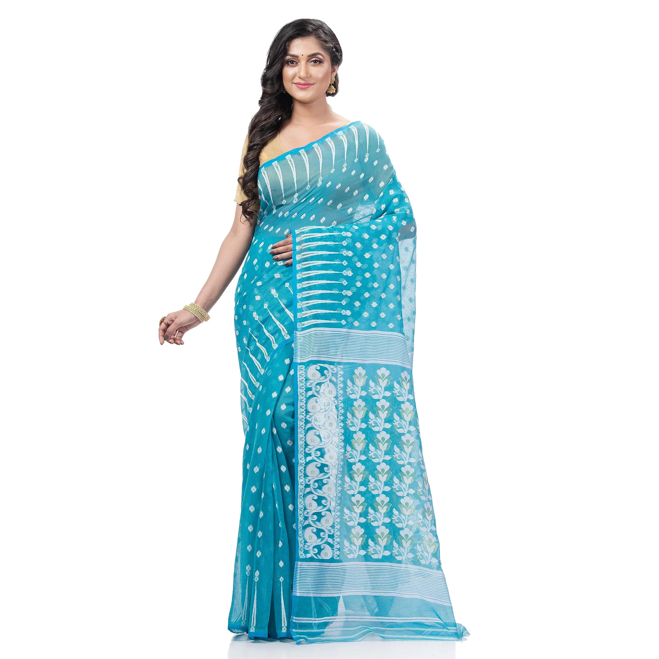 dB DESH BIDESH Women`s Resham Dhakai Jamdani Bengal Pure Cotton Handloom Saree Diamond Queen Design (Blue) - image 2