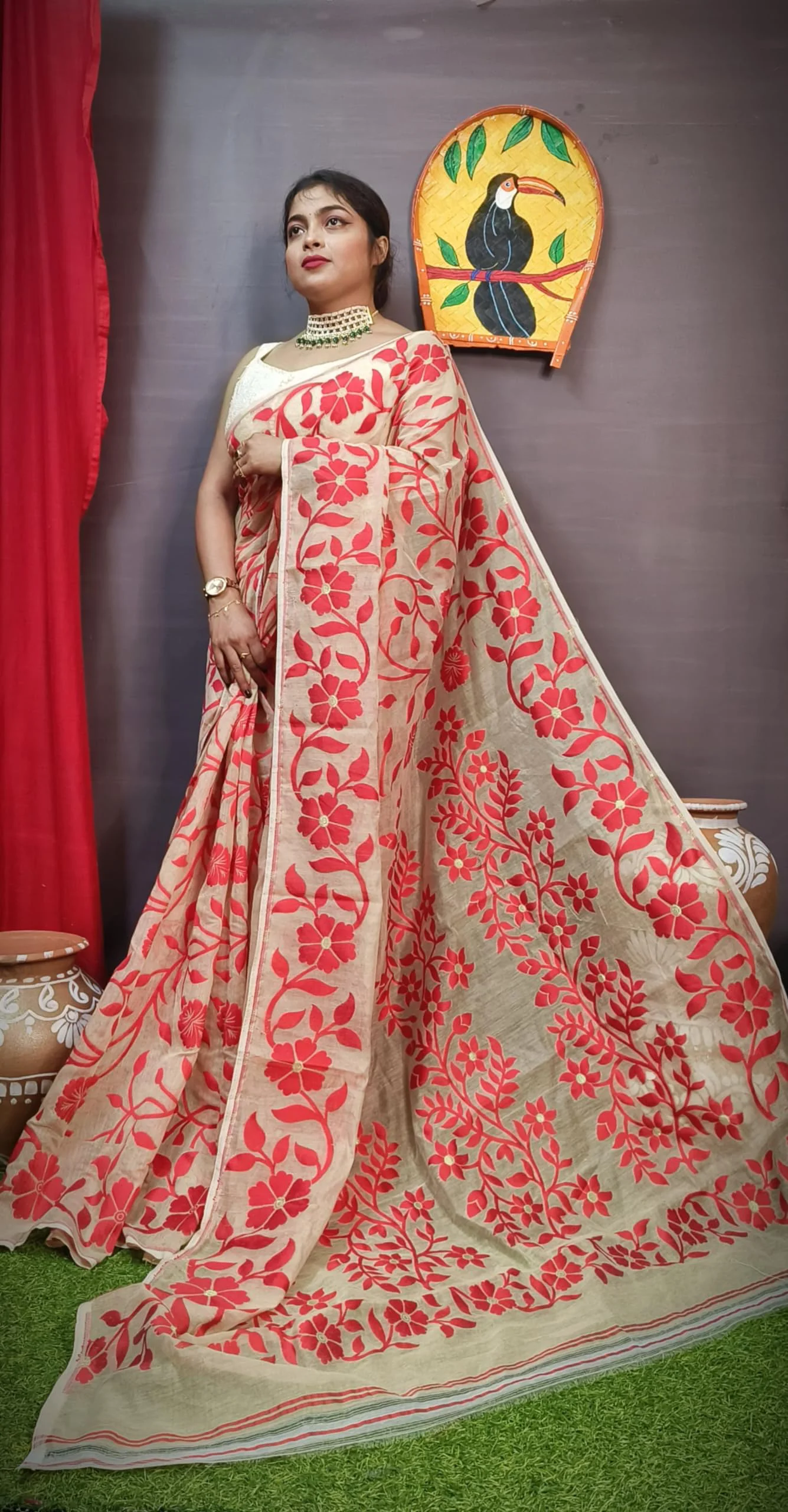Women's Floral Print Lata Design Jamdani Cotton Silk Saree Without Blouse Piece (Cream) - image 1