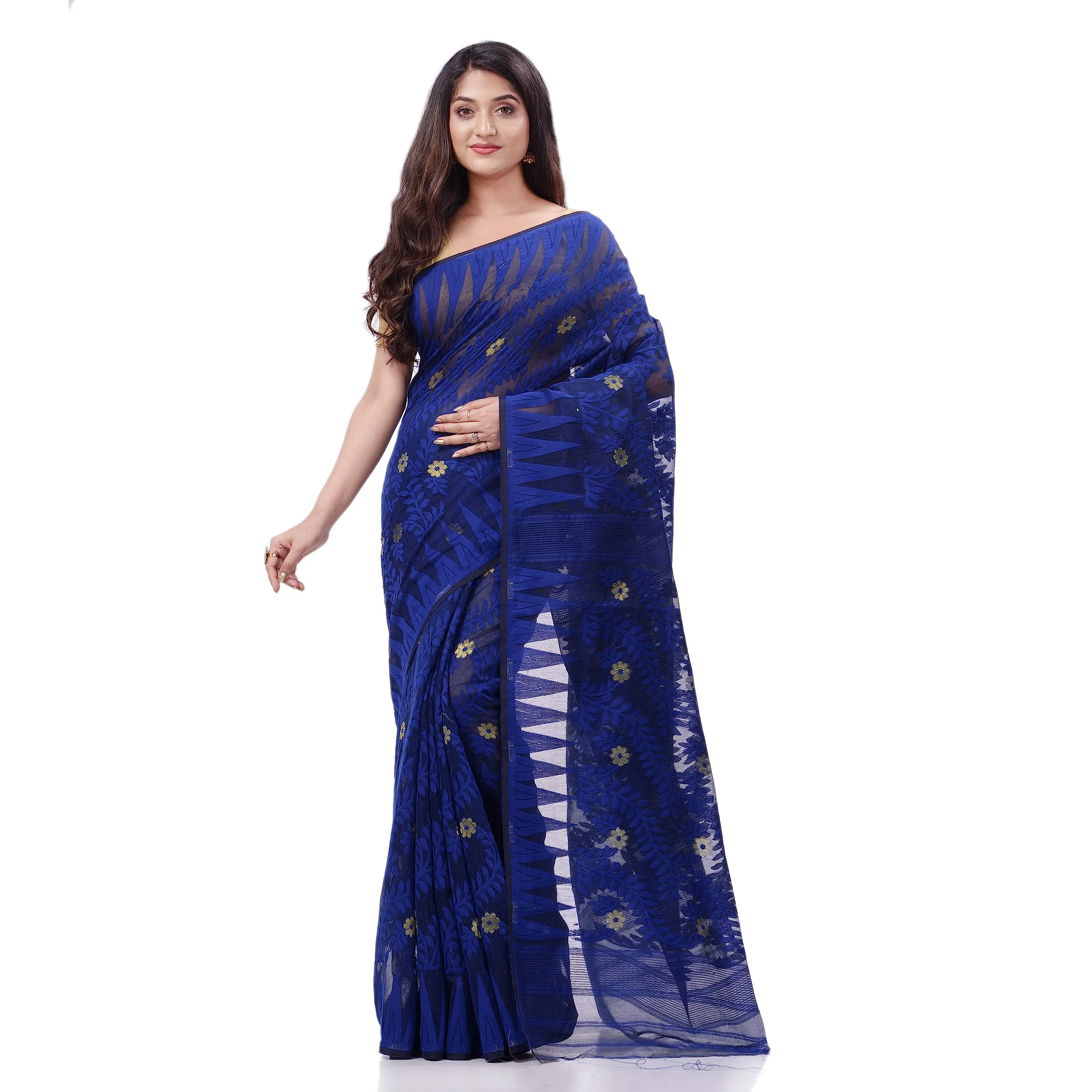 dB DESH BIDESH Women`s Tamarind Leaf Resham Dhakai Jamdani Pure Cotton Handloom Saree without Blouse Piece (Deep Blue) - image 2