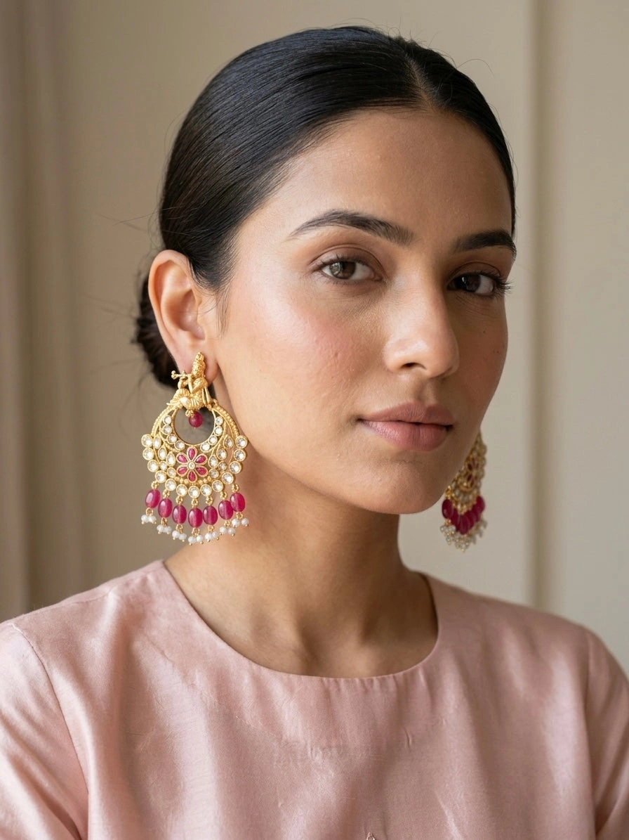 Krishna Design Red Kundan Chandbali Earrings