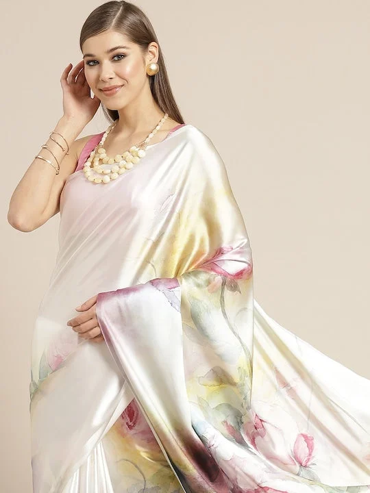 White & Pink Digital Floral Print Saree - image 2