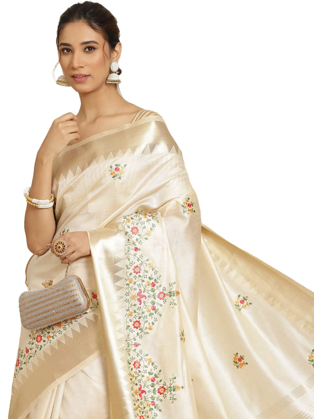 arriva fab Women's Kasavu Cotton Blend Saree With Blouse Piece (Riva1698__White) - image 1