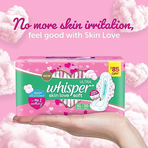 Whisper Ultra Skinlove Soft Sanitary Pads for Women|30 thin Pads|XL|Cottony soft|our #1 Softness|Soft top sheet|Irritation free |28.4 cm Long|With disposable wrap - image 1