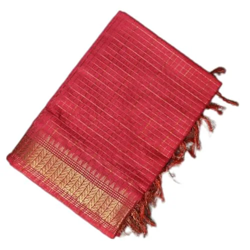 Zafreen Handloom | Women's Checks And Designer Boder Woven Cotton Silk Saree With Running Blouse pieces_Free Size (Pink) - image 2