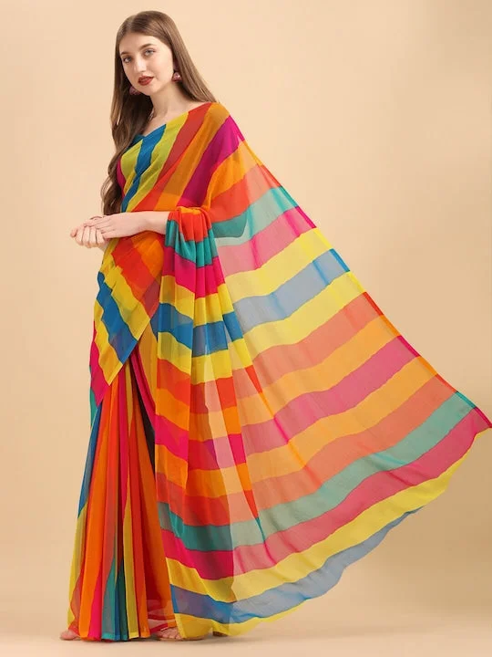 Yellow & Turquoise Blue Colourblocked Pure Chiffon Saree - image 2