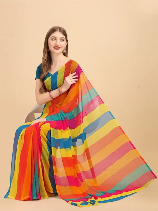 Yellow & Turquoise Blue Colourblocked Pure Chiffon Saree - image 1