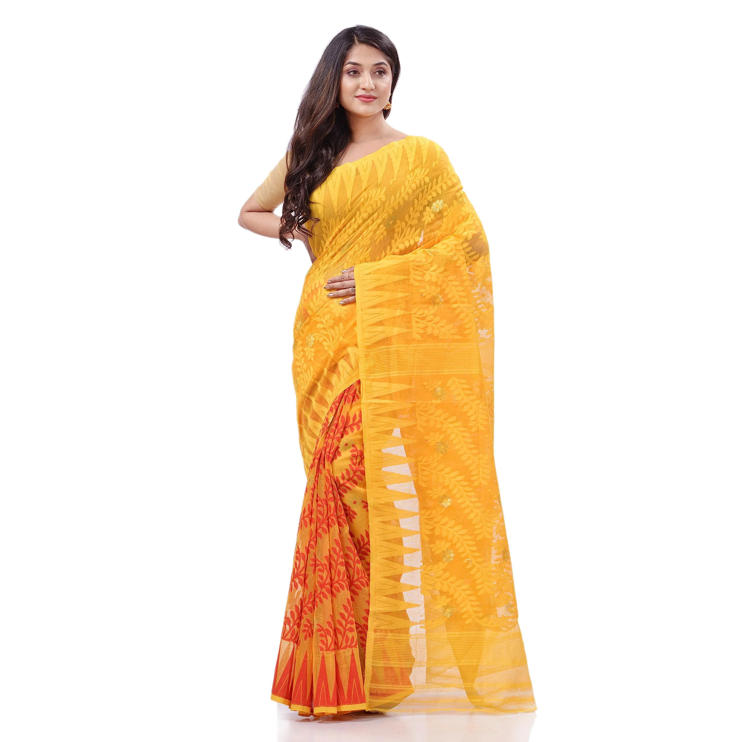 dB DESH BIDESH Women`s Traditional Tamarind Leaf Resham Dhakai Jamdani Pure Cotton Handloom Saree without Blouse Piece (Yellow Red) - image 2