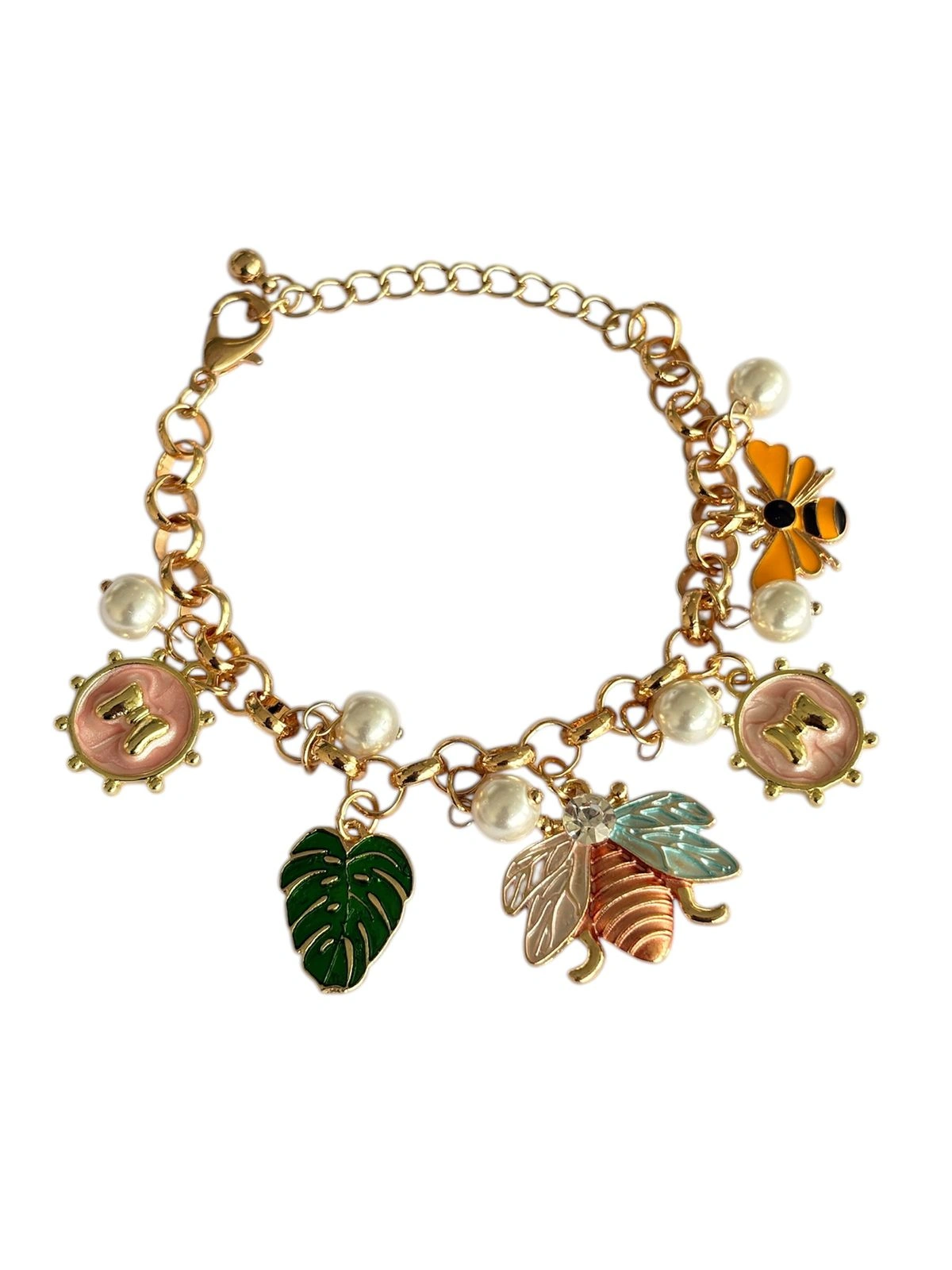 Floral & Leaf Charm Gold Bracelet