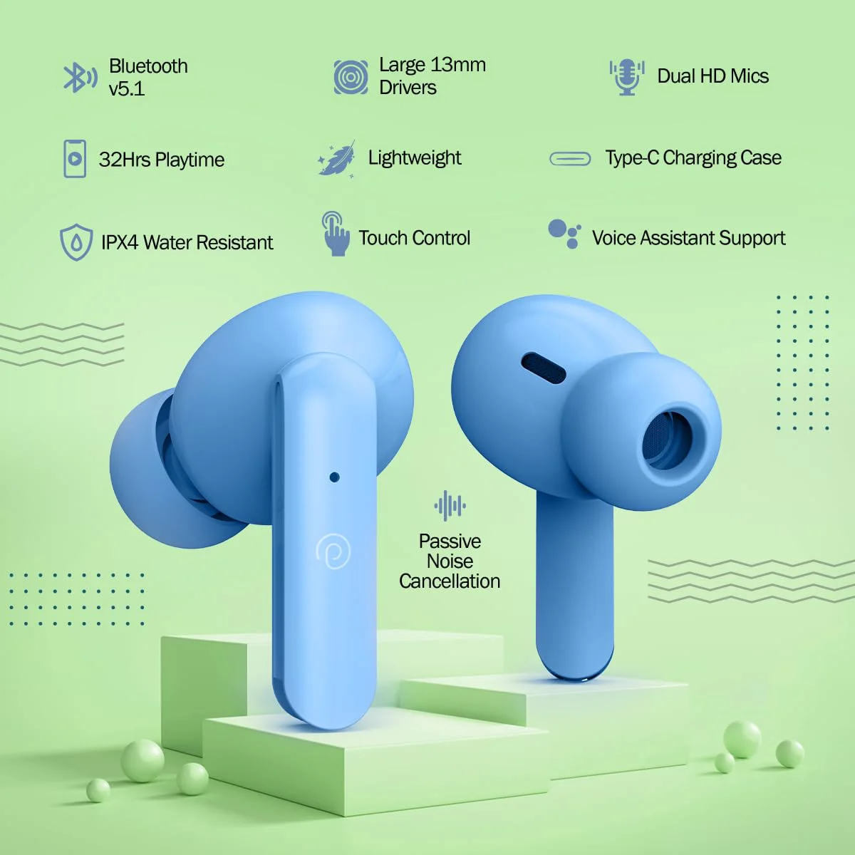 pTron Bassbuds Duo in-Ear Wireless Earbuds, Immersive Sound, 32Hrs Playtime, Clear Calls TWS Earbuds, Bluetooth V5.1 Headphone, Type-C Fast Charging, Voice Assist & IPX4 Water Resistant (Blue Matt) - image 2
