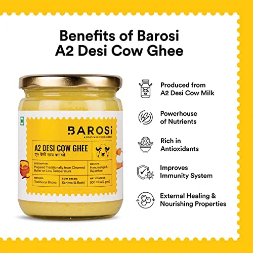 Barosi Premium A2 Cow Ghee 500 ml | A2 Danedar Desi Ghee | Churned from Curd with Bilona Method | Pure & Aromatic | Organic, Farm Made in Small Batches | Glass Jar Packing - image 1