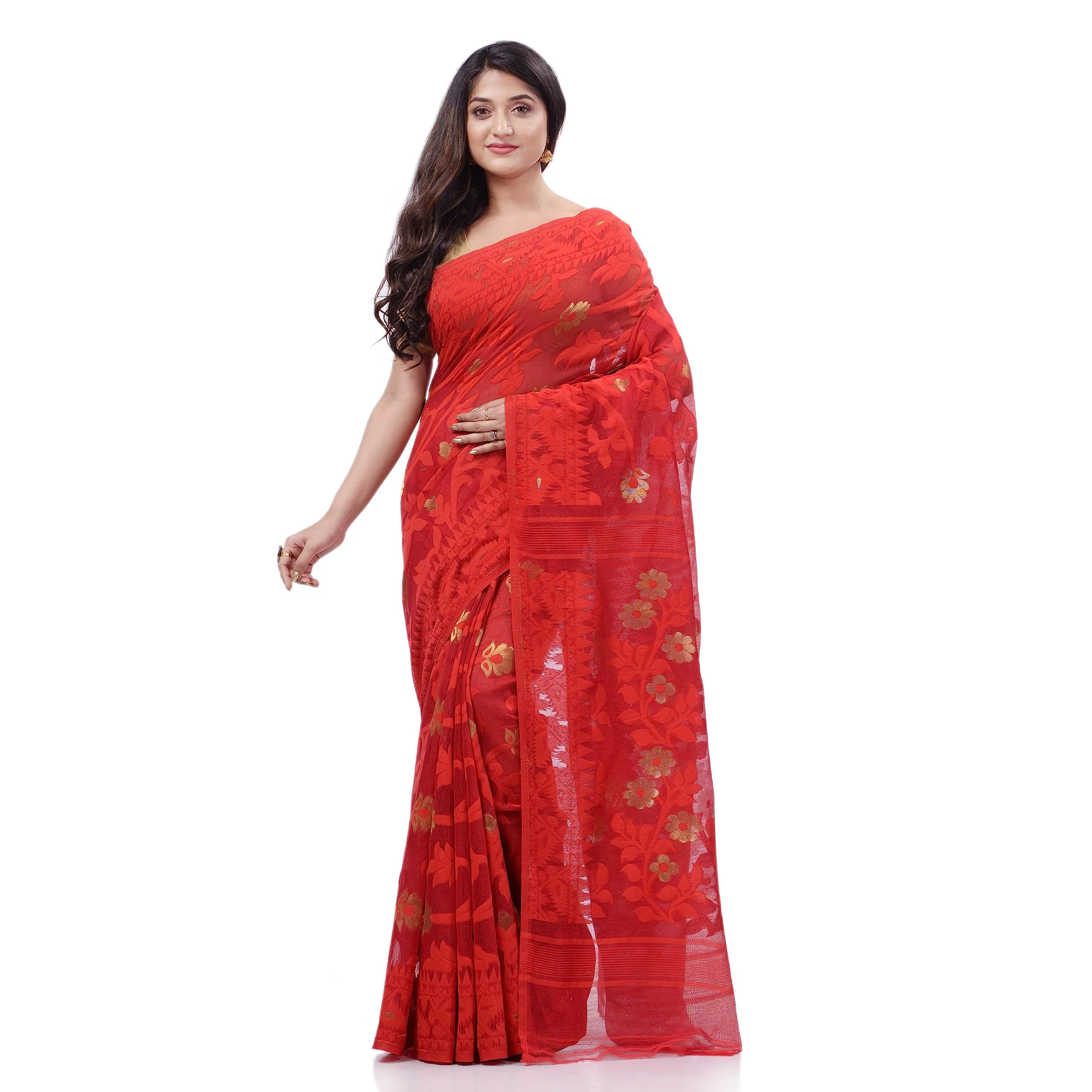 dB DESH BIDESH Women`s Rangabati Resham Dhakai Jamdani Bengal Pure Cotton Handloom Saree without Blouse Piece (Red) - image 1